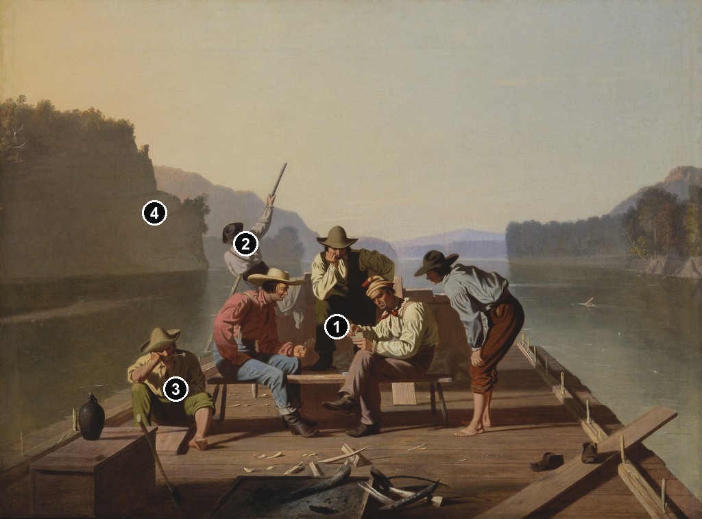 Annotated details from Raftsmen Playing Cards by George Caleb Bingham